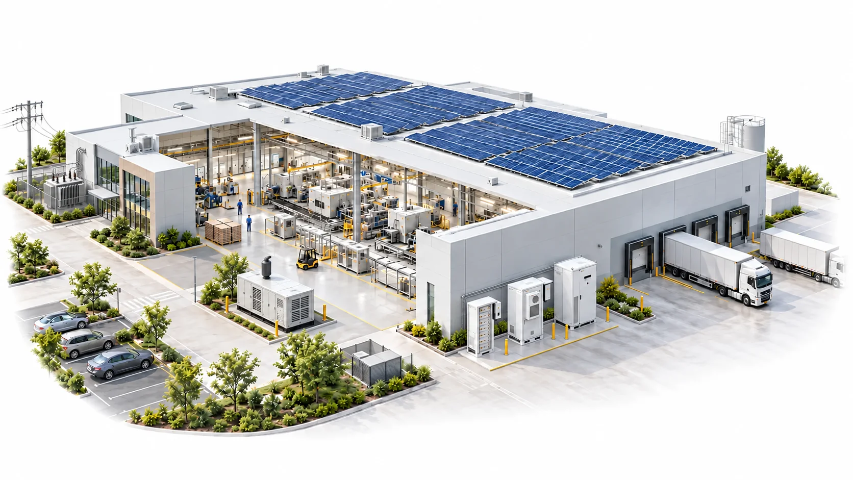 Fabbrica alimentata da energia solare con PV, trasformatore di rete, generatore diesel e armadi di accumulo Bluesun nelle rispettive posizioni di installazione