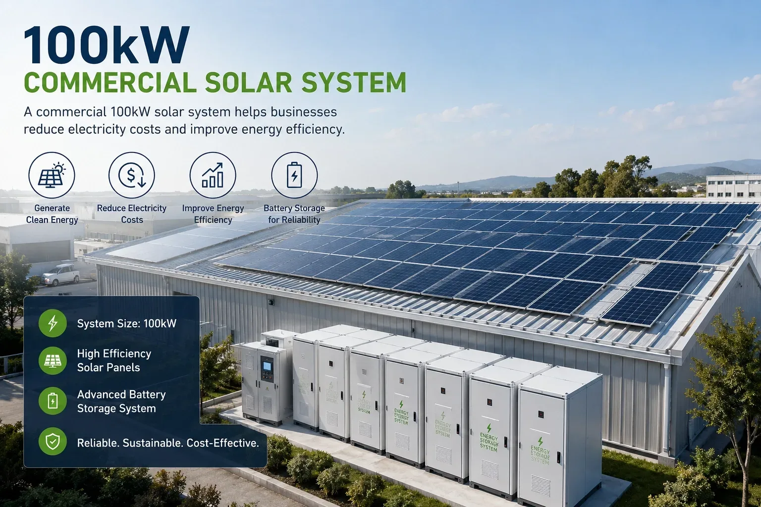 Commercial 100kW solar system with photovoltaic panels and battery storage