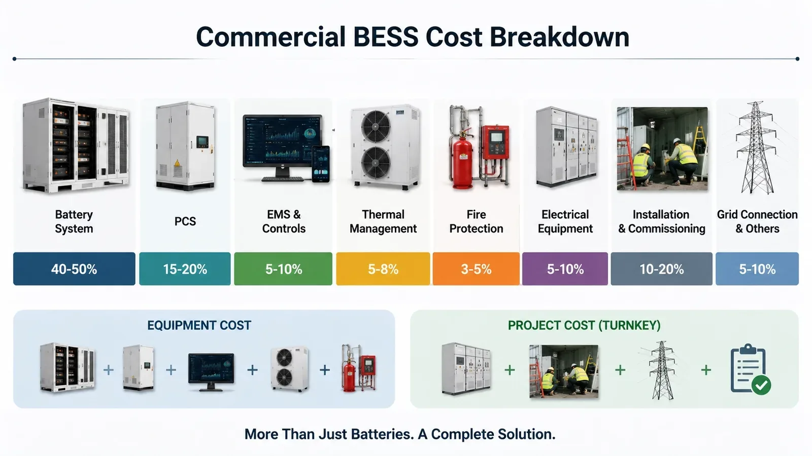 Kostenoverzicht van commerci&euml;le BESS per batterij-PCS, installatie en elektrische apparatuur