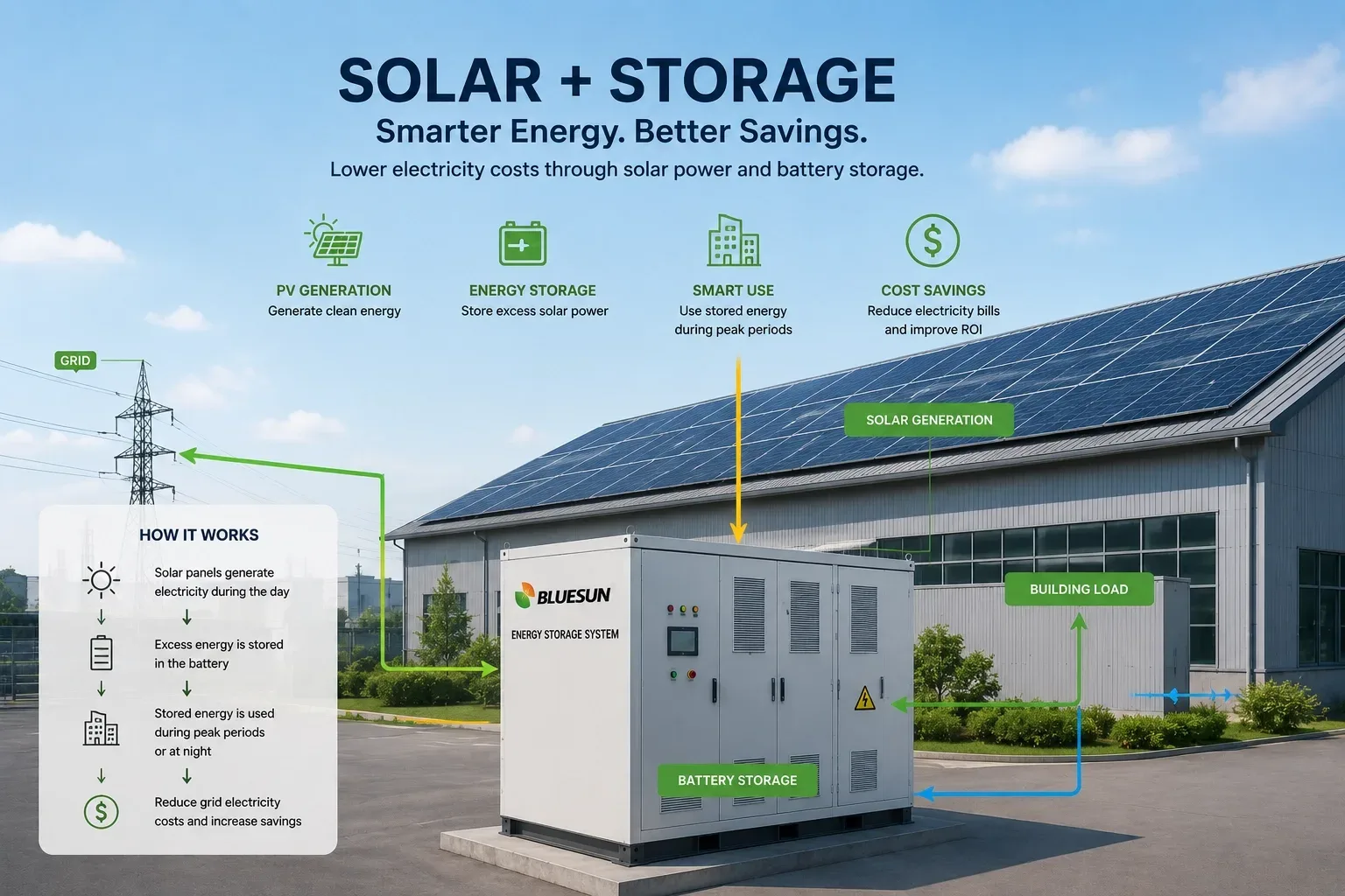 Zonne- en batterijopslagsysteem dat de economische haalbaarheid van commerci&euml;le energie verbetert