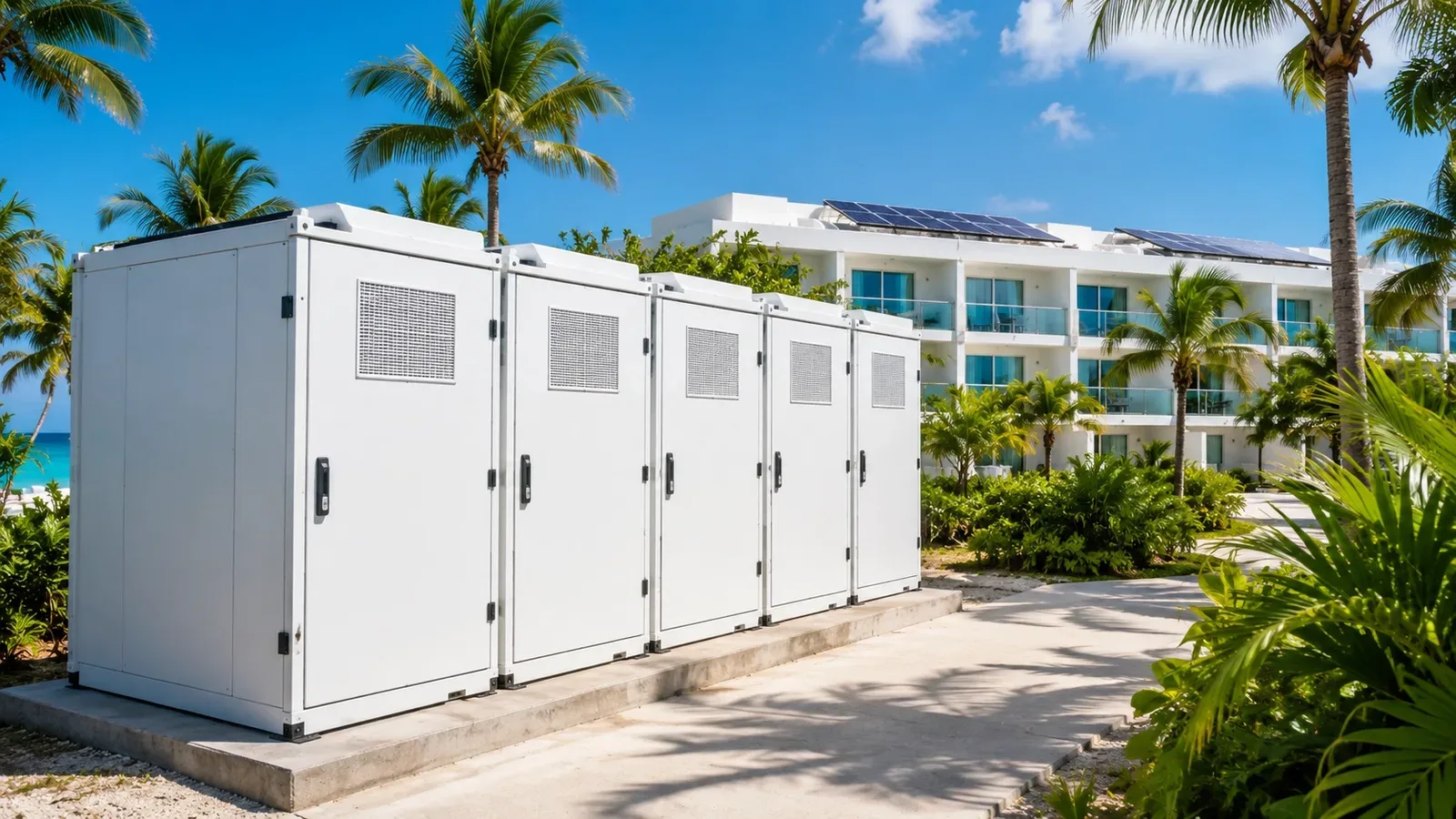 Commercieel batterij-energieopslagsysteem dat de zonne-energievoorziening van hotels in Cuba ondersteunt