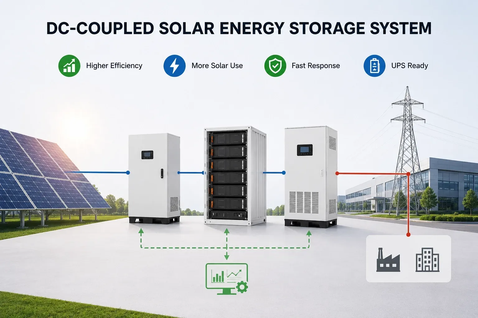 DC-coupled solar energy storage system for commercial and industrial applications