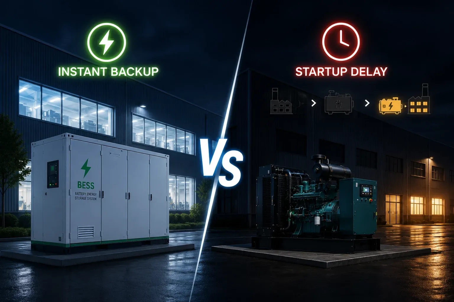 Backup instantâneo com bateria em comparação com o atraso na partida do gerador a diesel