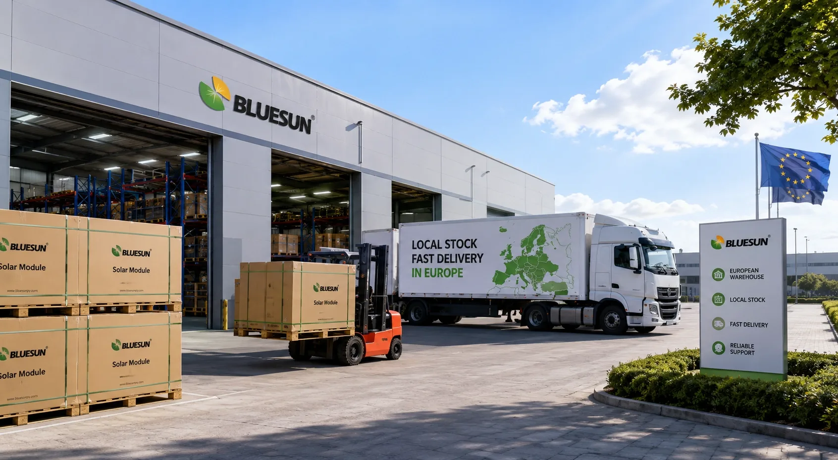 Europees lokaal magazijn voor zonne-energie en snelle leveringsondersteuning voor modules
