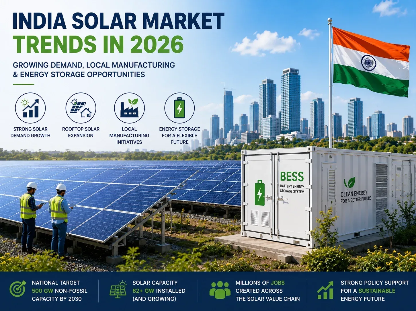 Trends op de Indiase zonne-energiemarkt in 2026 met grootschalige zonne-energieprojecten en BESS-systemen