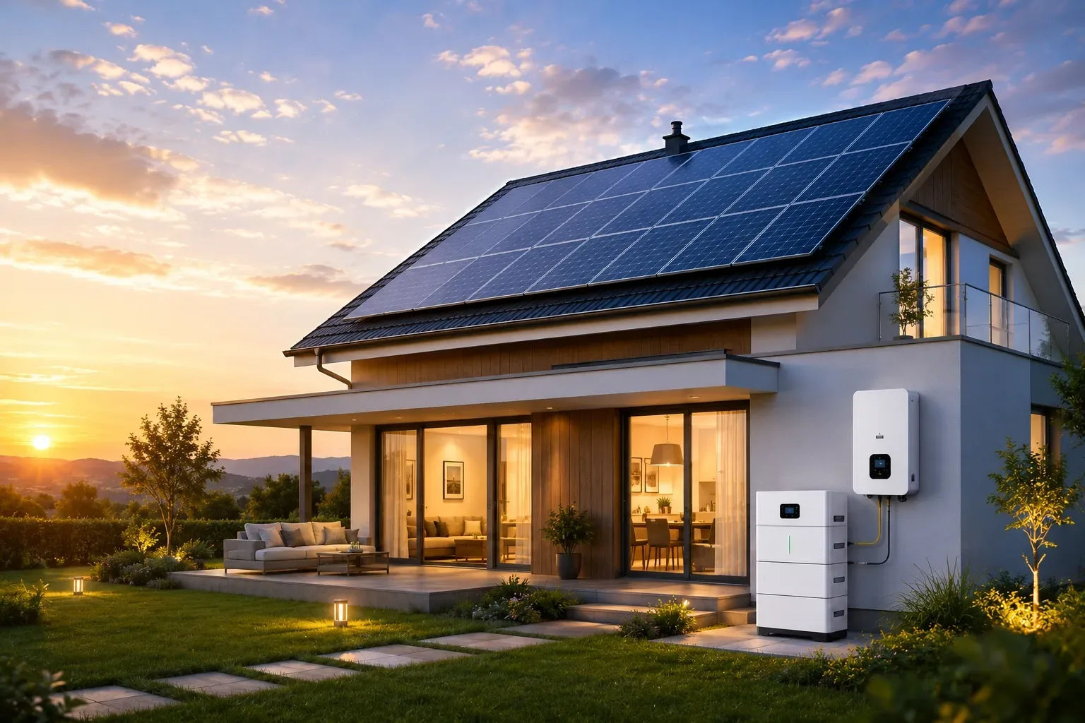 Moderna casa residenziale con pannelli solari sul tetto e sistema di accumulo energetico domestico