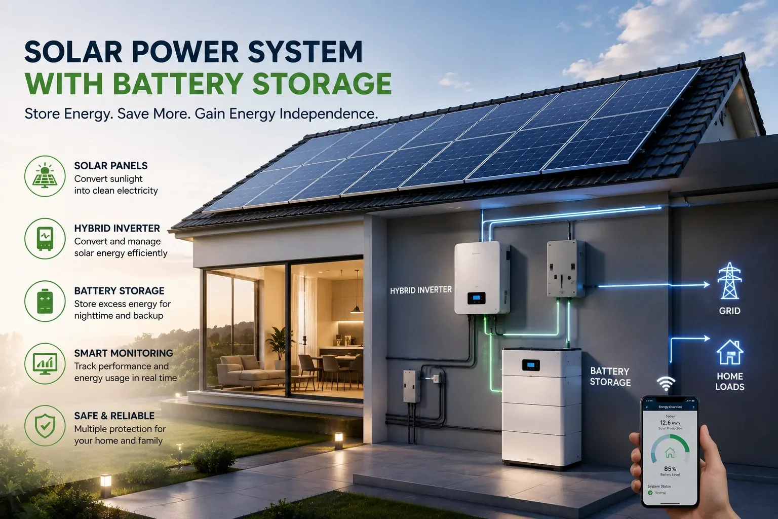 System fotowoltaiczny z magazynem energii w baterii, falownikiem i zarządzaniem energią do zastosowań mieszkalnych i komercyjnych