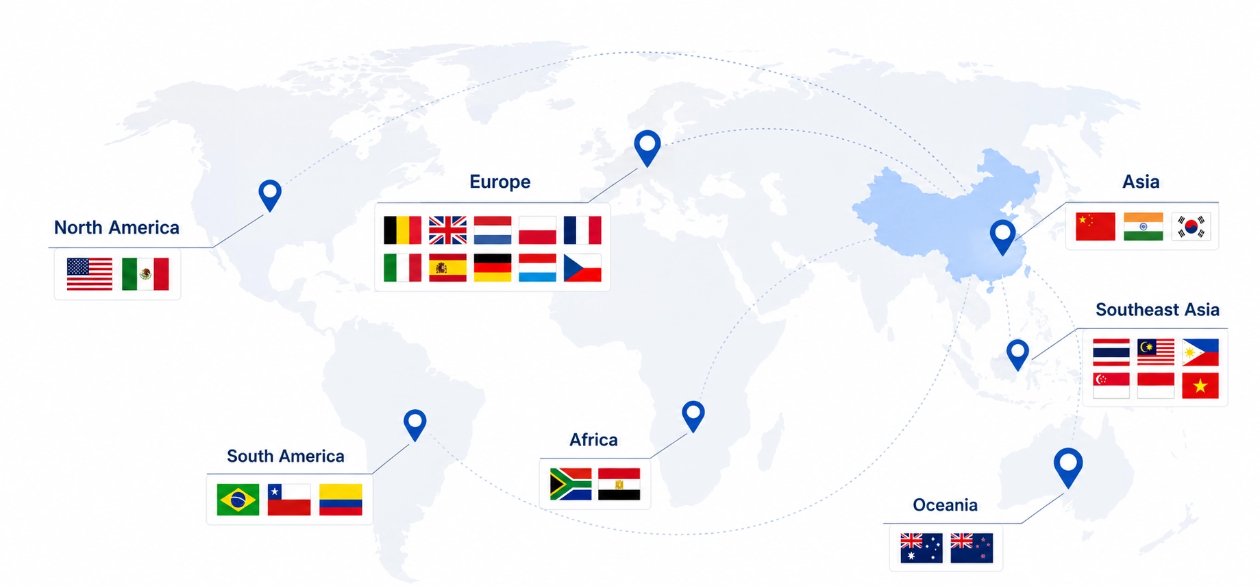 World map of Bluesun regions with labeled country flags