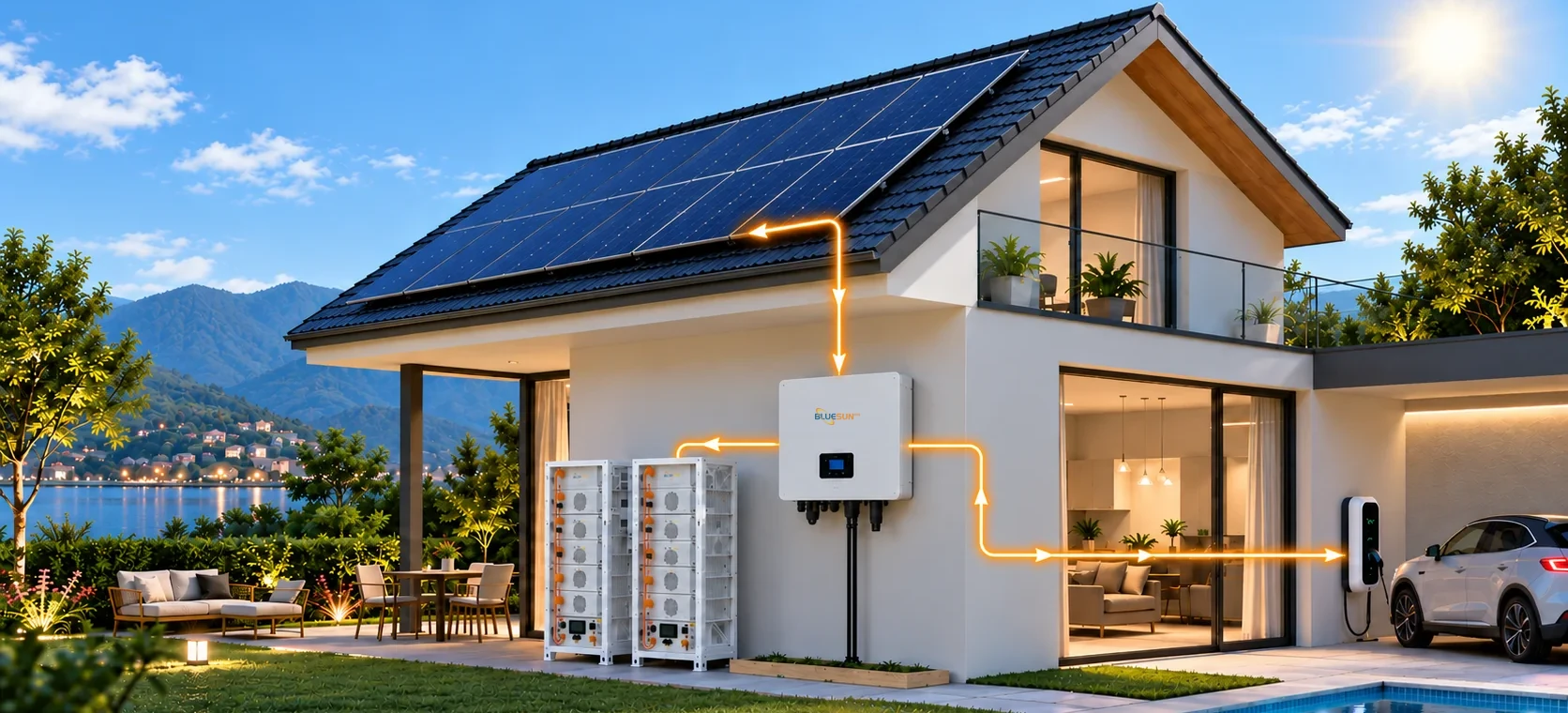 Sistema de energ&iacute;a solar dom&eacute;stico de Bluesun durante el d&iacute;a