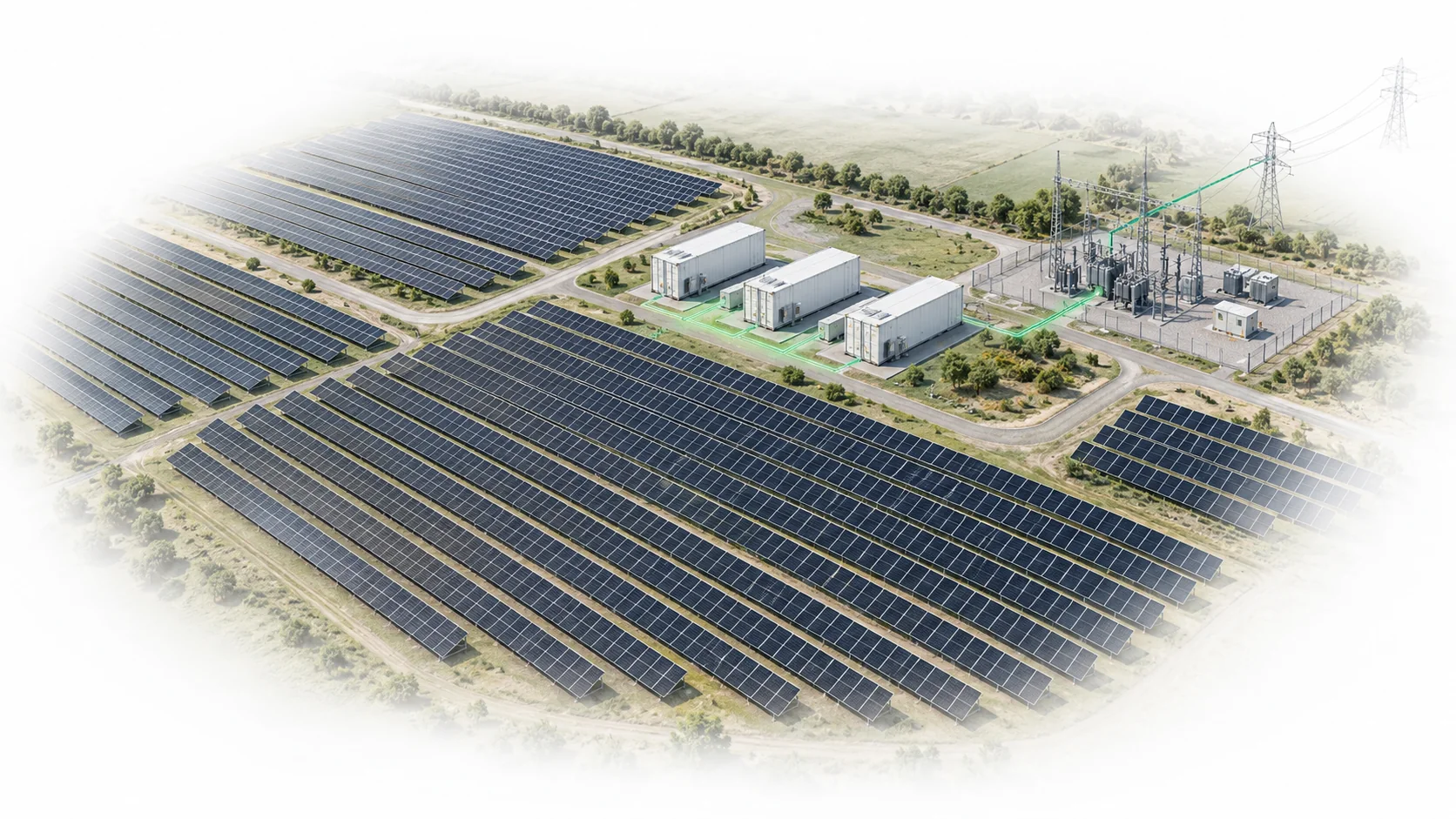 Ilustraci&oacute;n de una planta solar a escala utility con contenedores de bater&iacute;as y conexi&oacute;n a la red