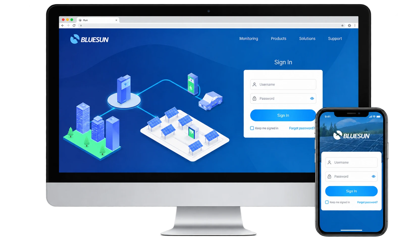 Bluesun monitoring interface shown on a computer and phone