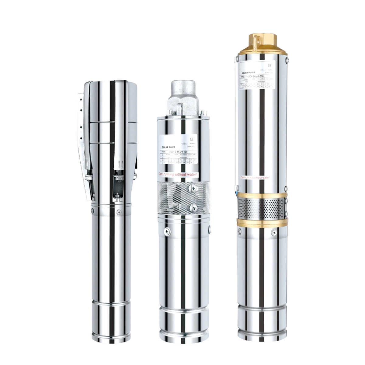 Three Bluesun stainless-steel DC solar submersible deep well pumps
