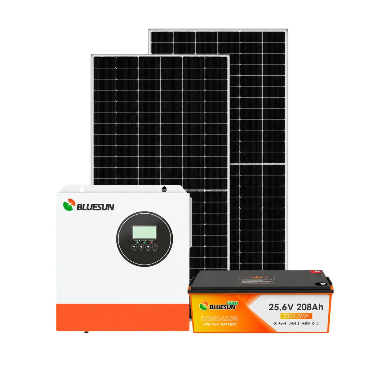 Bluesun 4.2kW off-grid solar system with PV modules, inverter and BSM24208 battery