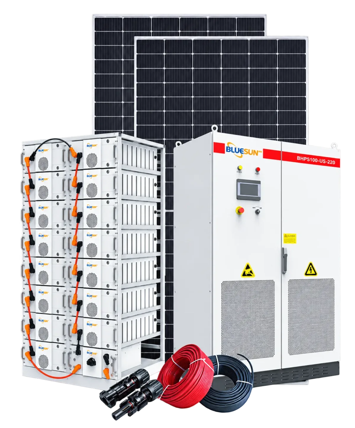 Bluesun US 100kW Solarenergiespeichersystem mit PV-Modulen, Wechselrichterschrank und Batterierack