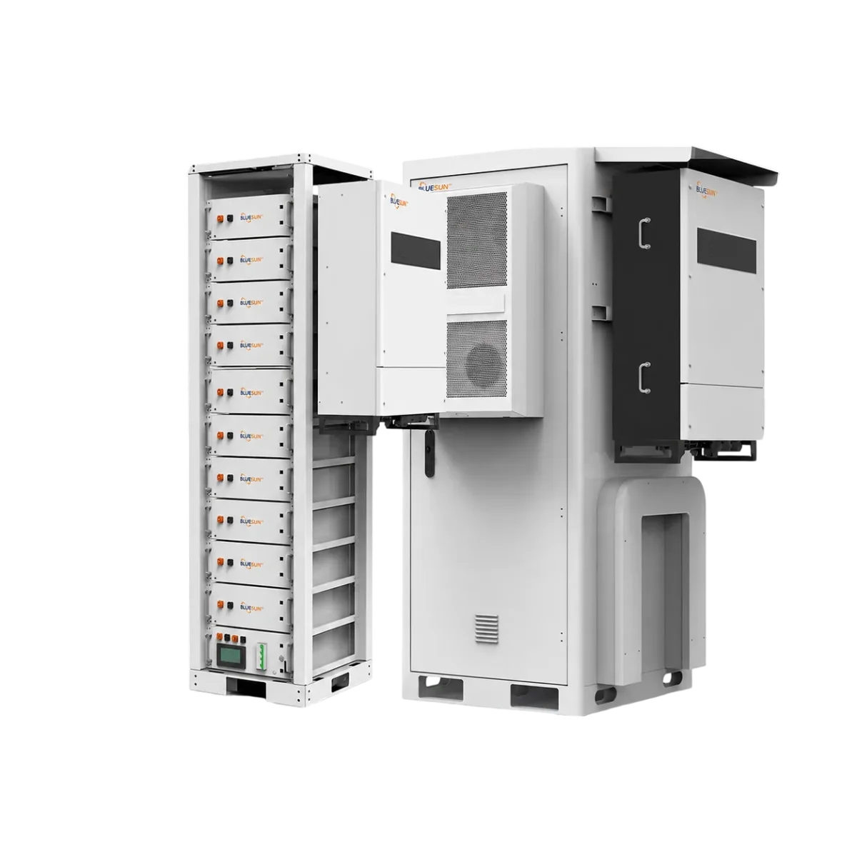 Bluesun US 30kW sistema di accumulo energetico con rack batteria aperto e armadio esterno