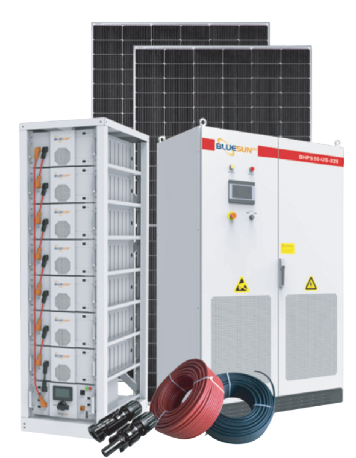 Bluesun US-amerikanisches 50kW Solarenergiespeichersystem mit PV-Modulen, Wechselrichterschrank und Batteriegestell