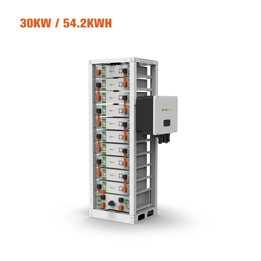 Bluesun BSE30KH3 30kW 54.2kWh all-in-one C&I energy storage system, front three-quarter view side hardware view