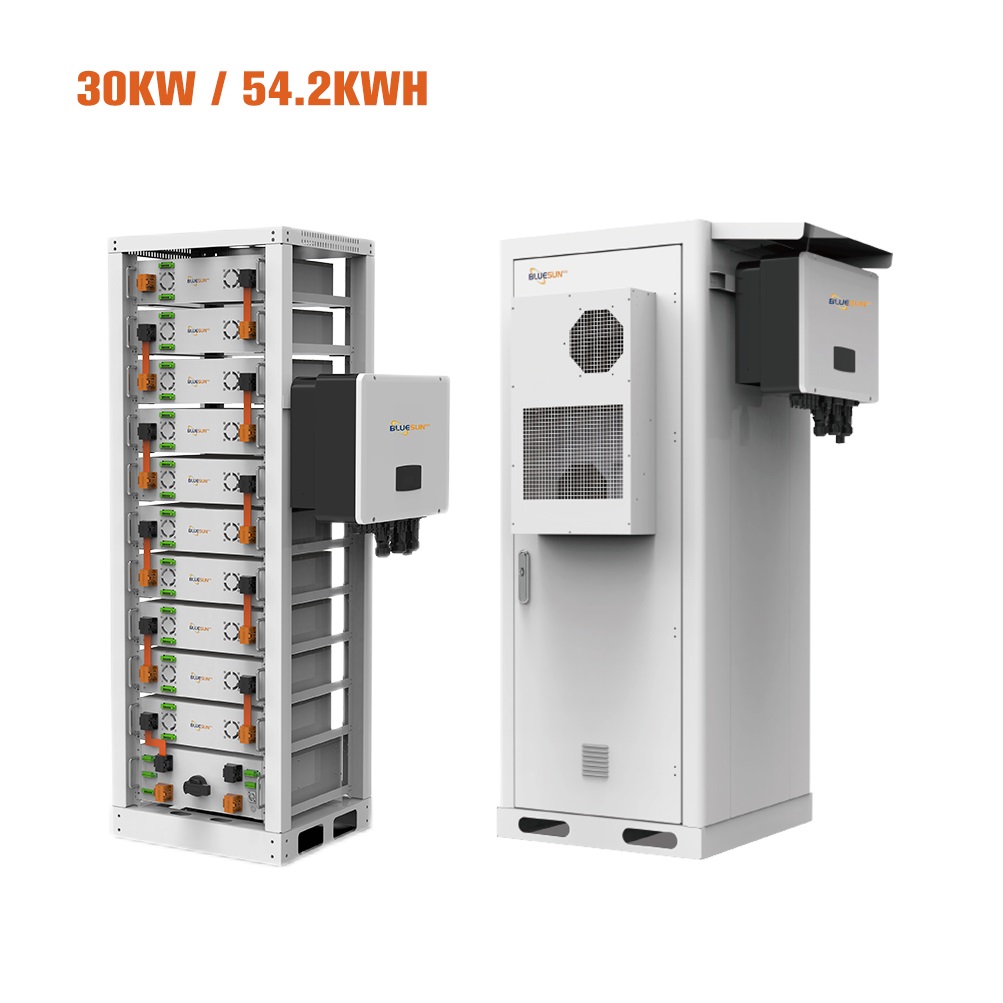 Bluesun BSE30KH3 30kW 54.2kWh all-in-one C&I energy storage system, front three-quarter view internal hardware view