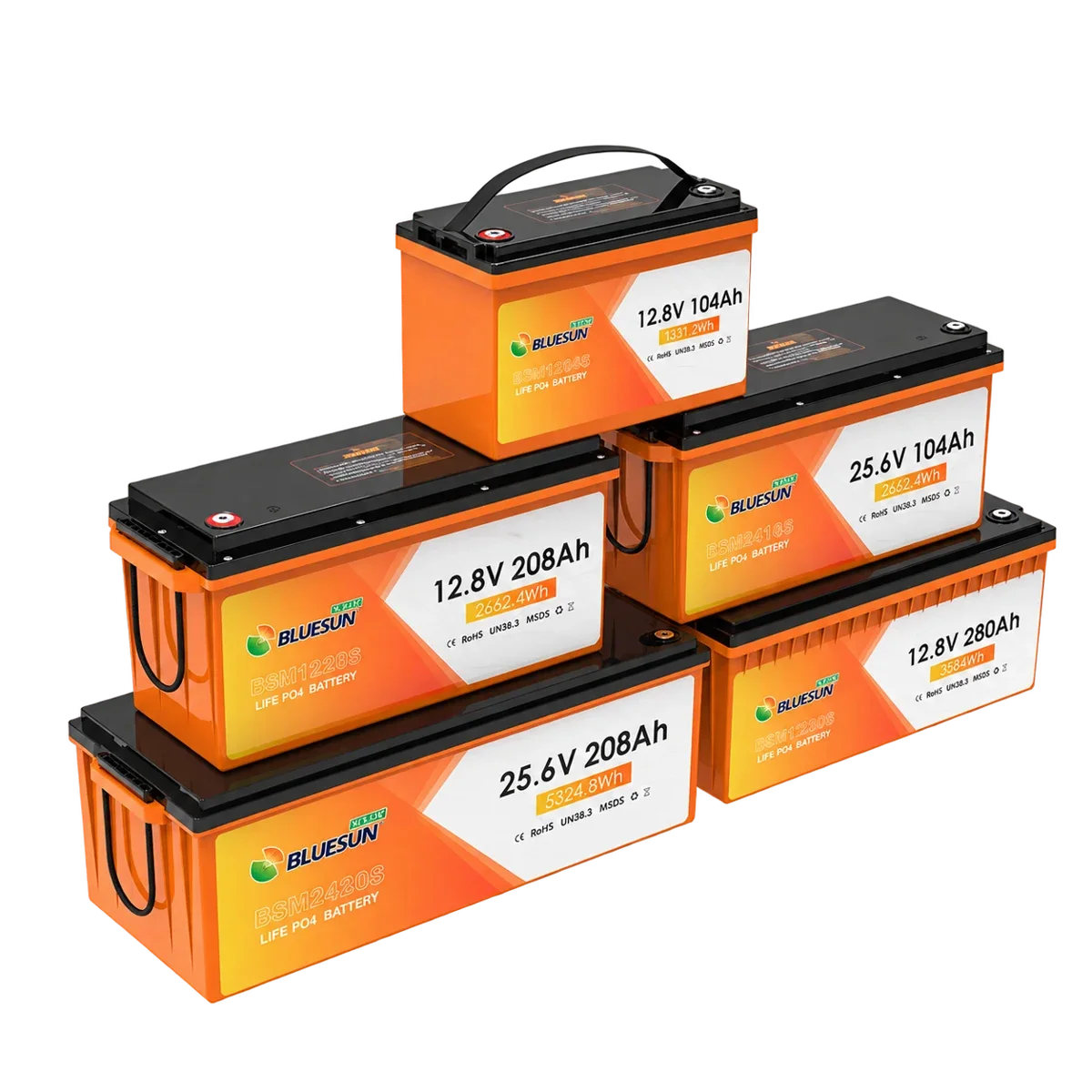 Five Bluesun BSM Series 12.8V and 25.6V deep cycle LiFePO4 batteries