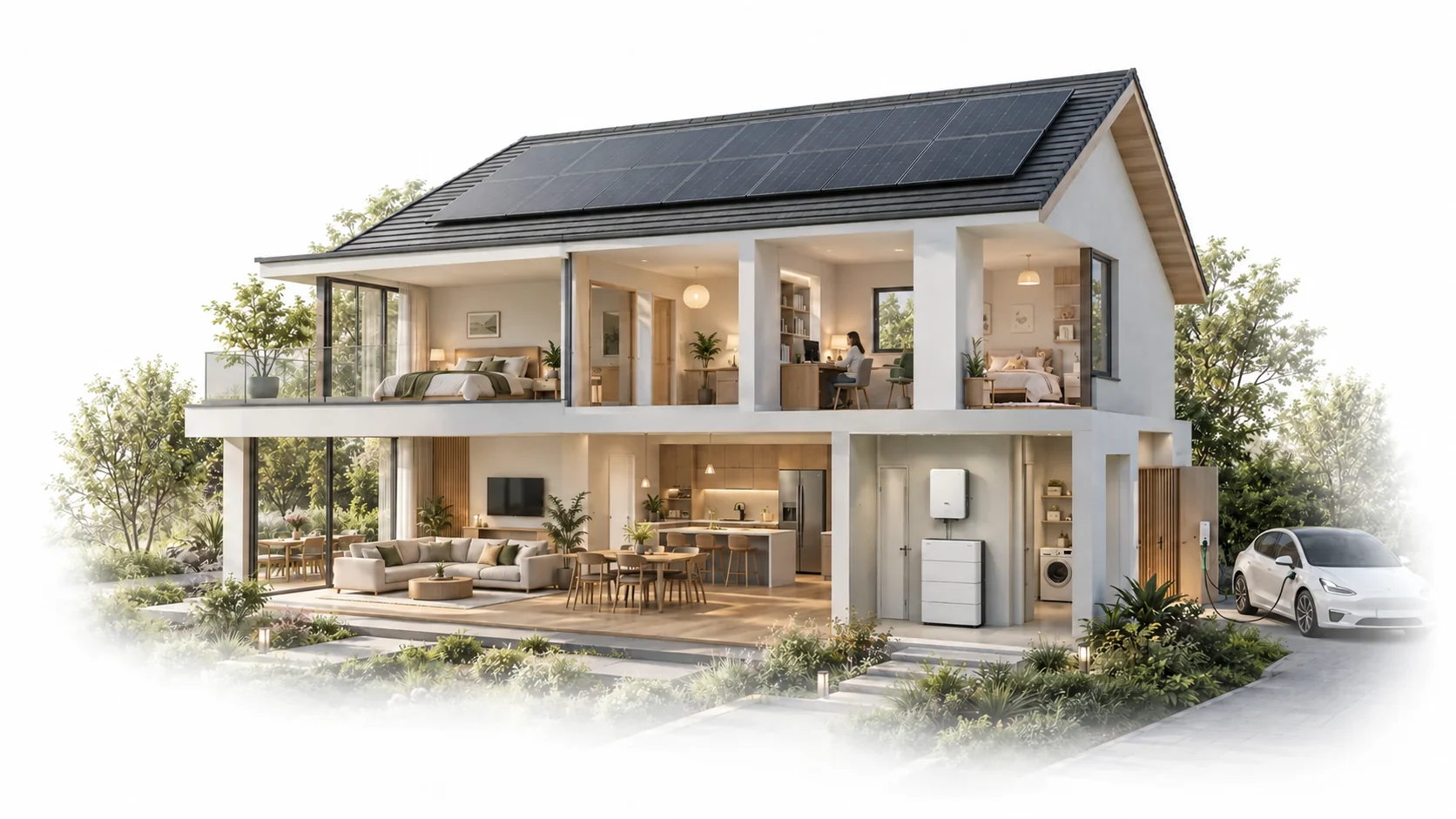 H&igrave;nh cắt ng&ocirc;i nh&agrave; cho thấy PV tr&ecirc;n m&aacute;i, inverter hybrid, pin gia đ&igrave;nh v&agrave; khu vực sạc EV
