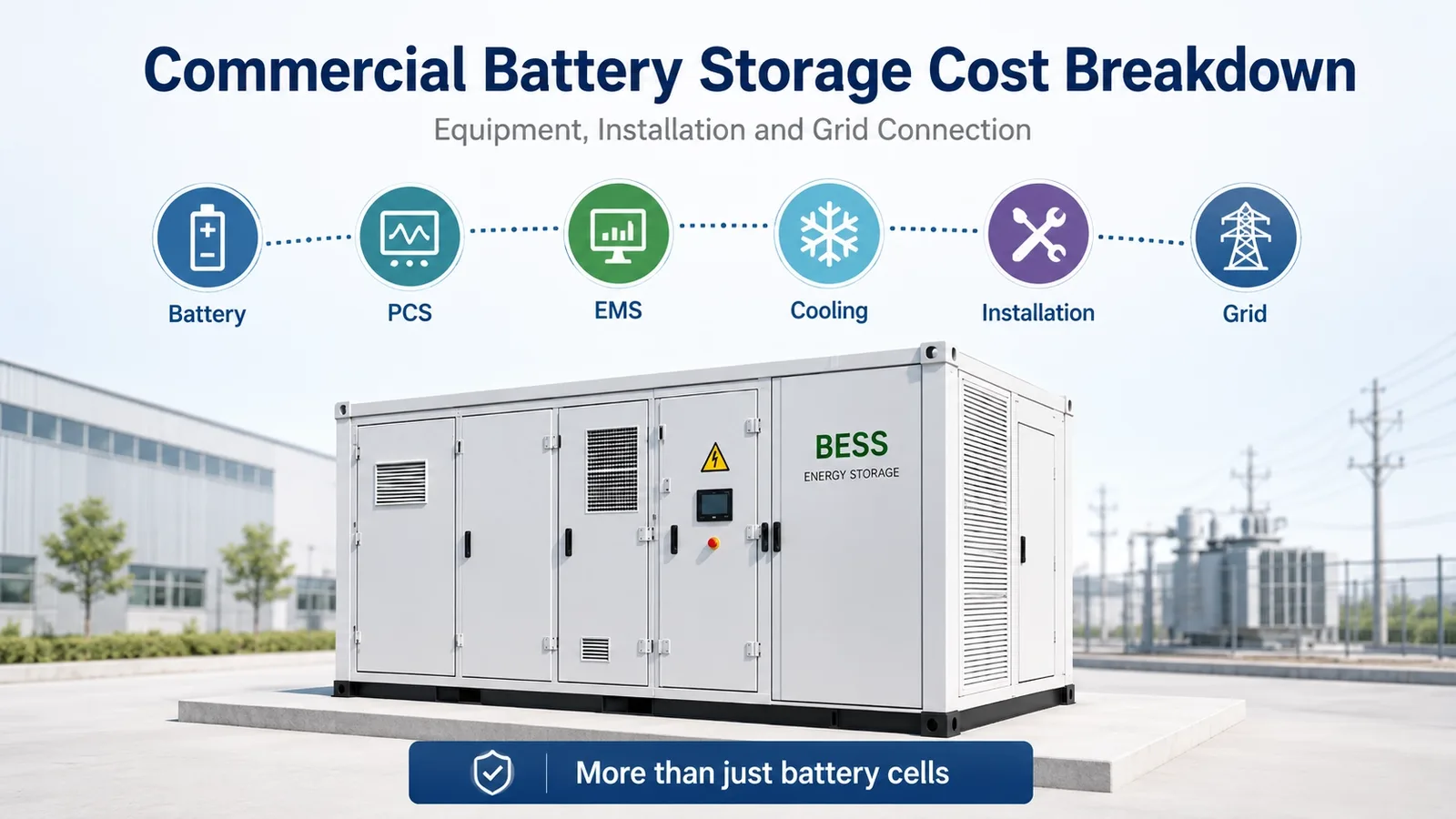 Commercial battery storage cost breakdown including equipment installation and grid connection
