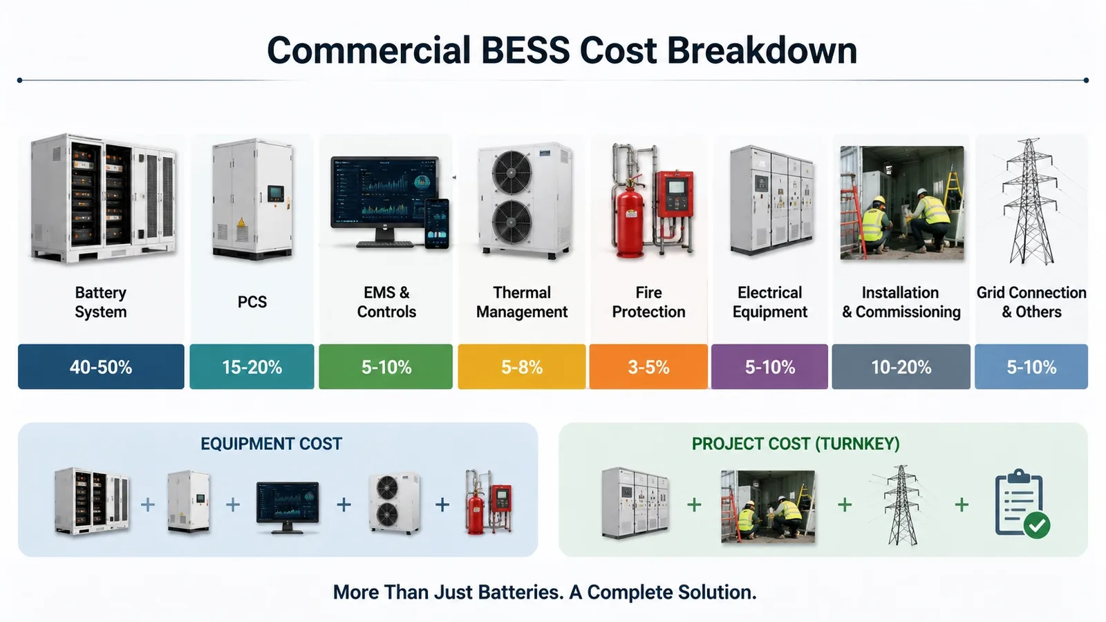 Commercial BESS cost breakdown by battery PCS installation and electrical equipment