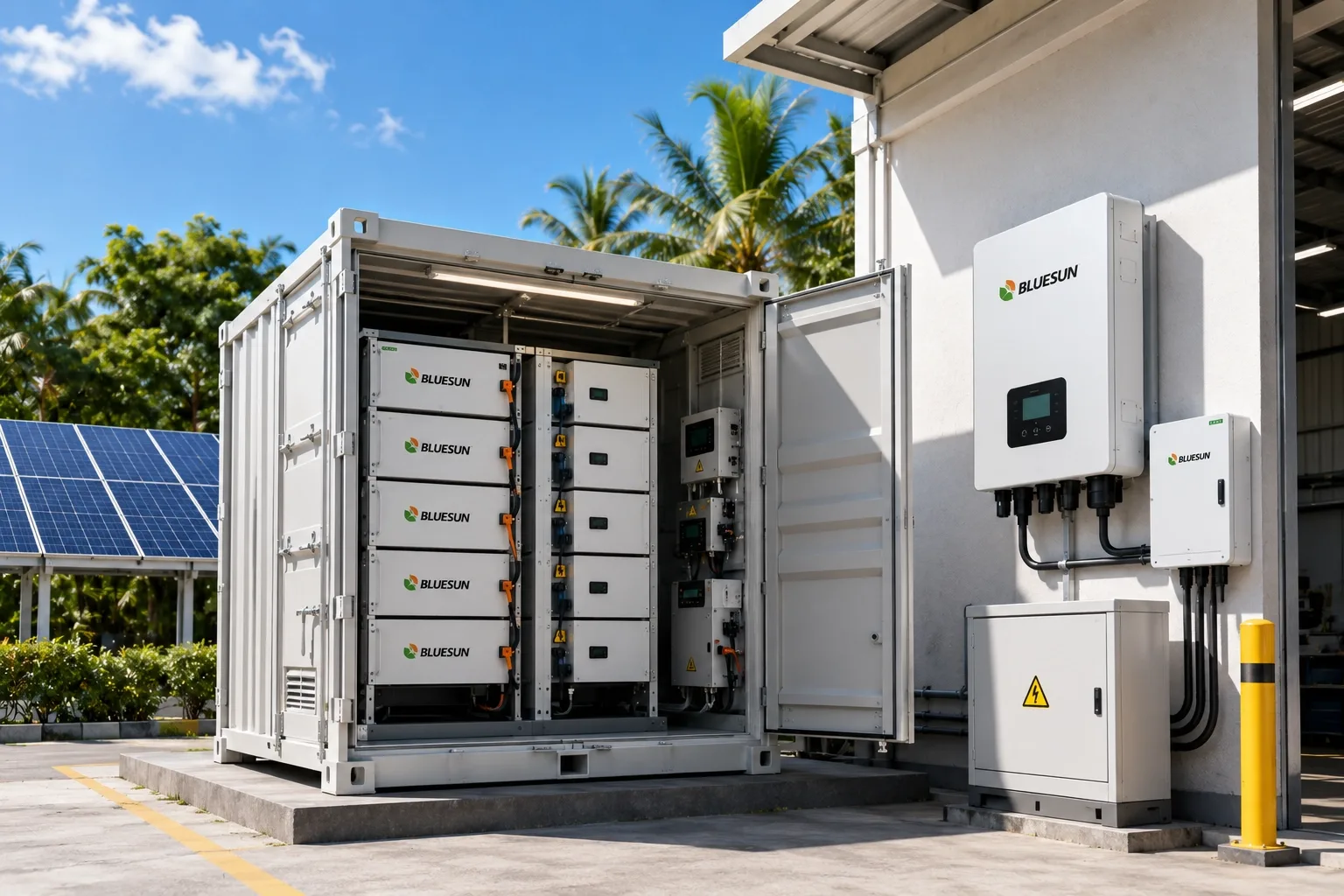 Commercial solar battery storage system with hybrid inverter and lithium battery