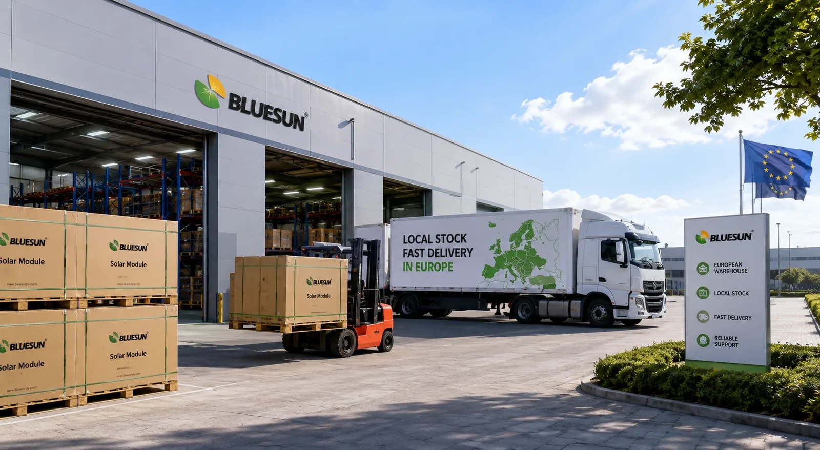 European local solar warehouse and fast module delivery support