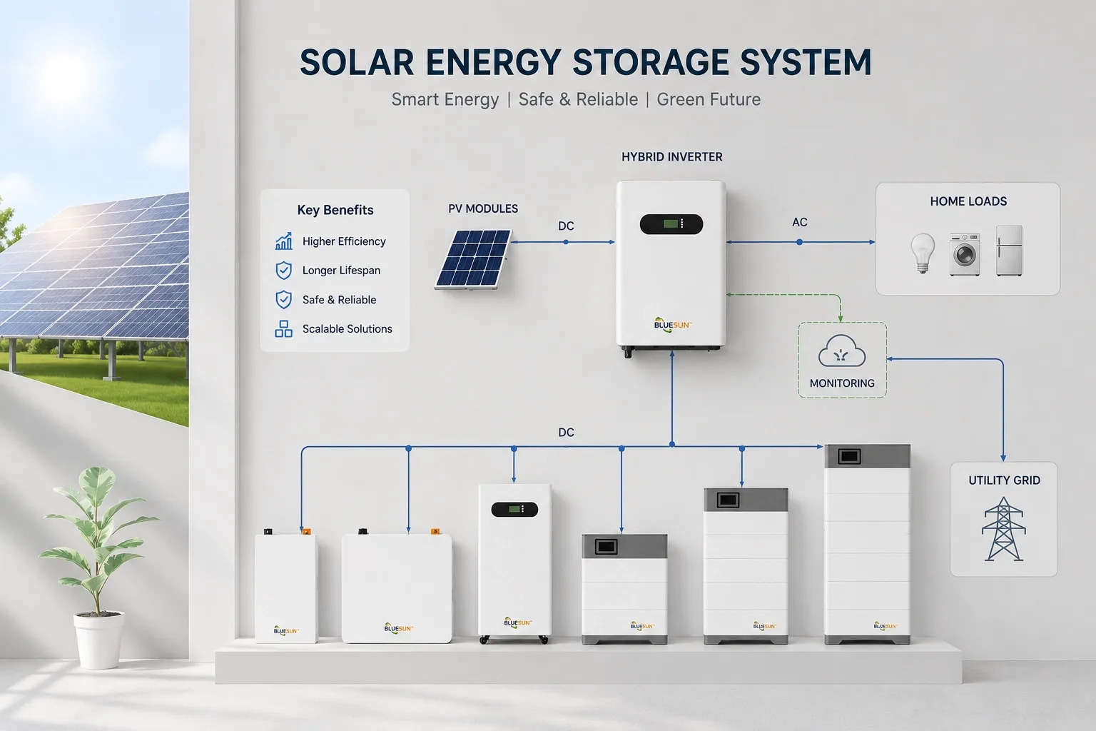 Solar energy storage system with lithium battery containers and photovoltaic panels