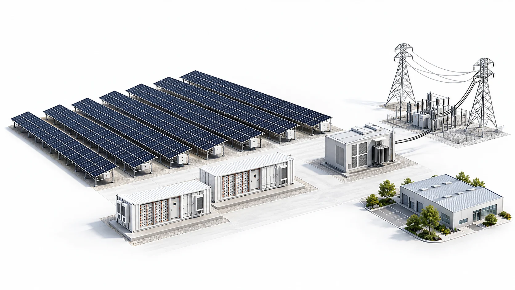 Utility solar array, BESS containers, power conversion and grid interconnection